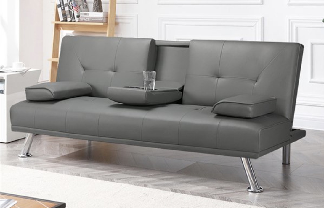 faux leather futon sofa w cup holders